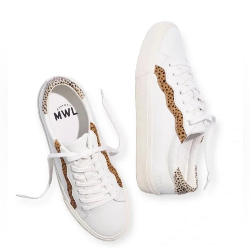 Women's Madewell Low Top Sidewalk Sneakers White W/ Cheetah Print Accent Sz 8